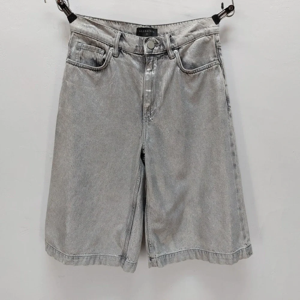 AllSaints Louie Long Shorts Women's 26 Silver Metallic Foil Denim Bermuda Street